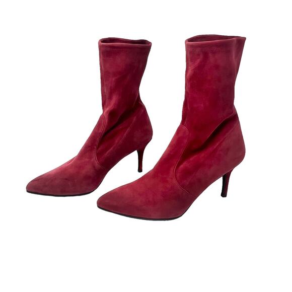 NWOB Stuart Weitzman Suede Maroon Red Cling Sock Heeled Boot Size 10.5 - Picture 2 of 11